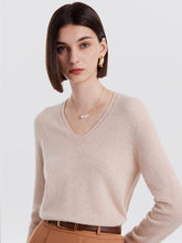 A lady wears a cashmere V-neck sweater.